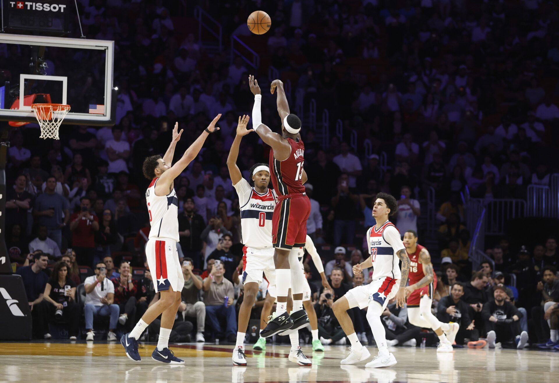 Miami Heat center Bam Adebayo (13) shoots against the Wshington Wizards during the second half at Kaseya Center.