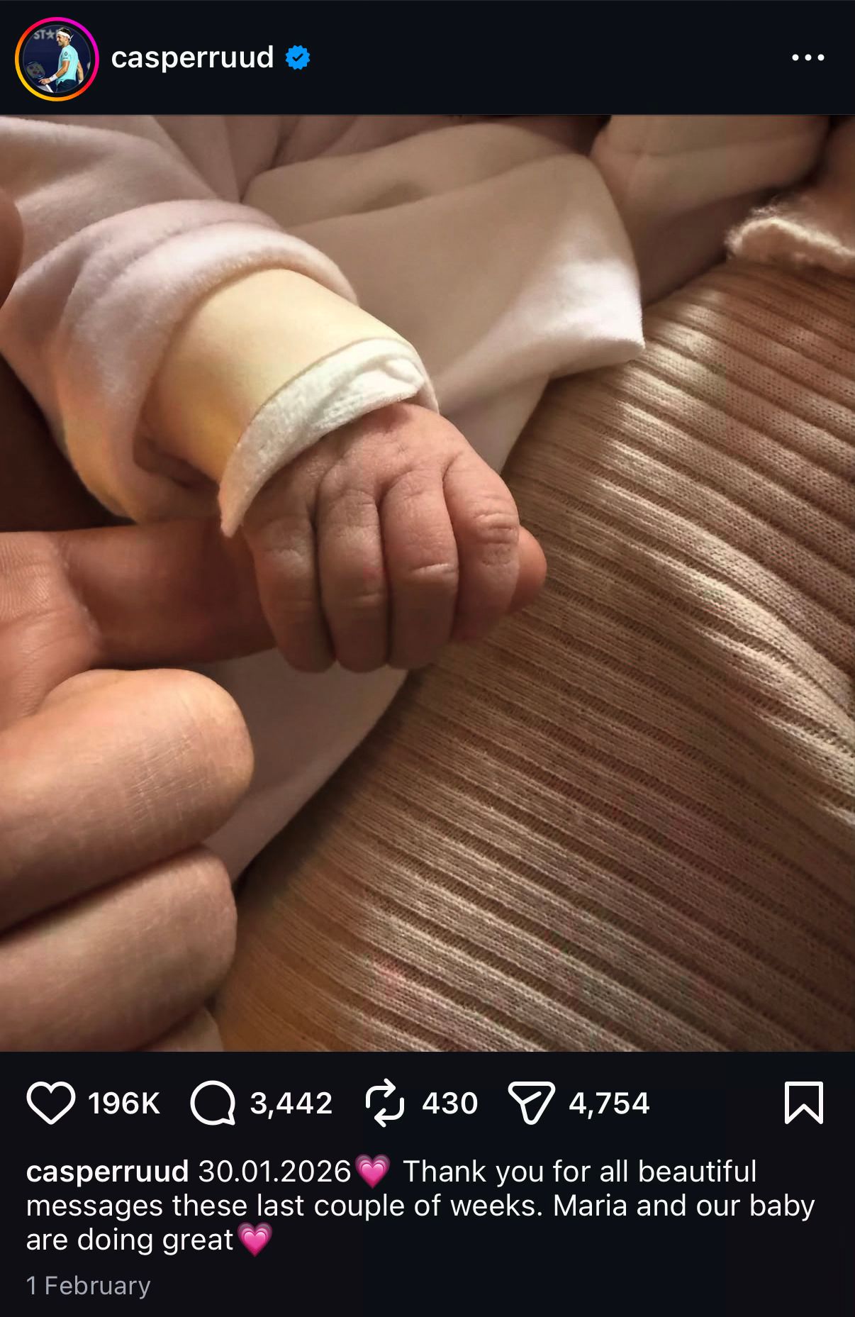 Ruud's Instagram post following the birth of his daughter