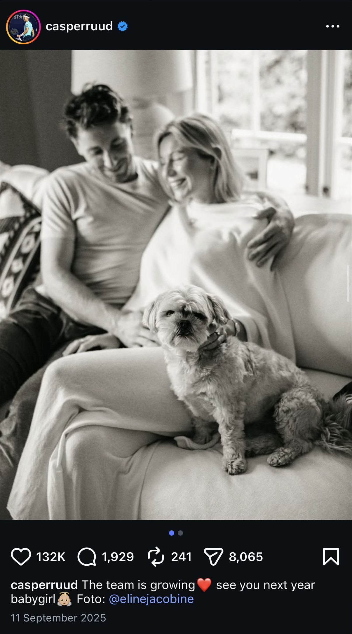 Ruud's Instagram post announcing Galligani's pregnancy