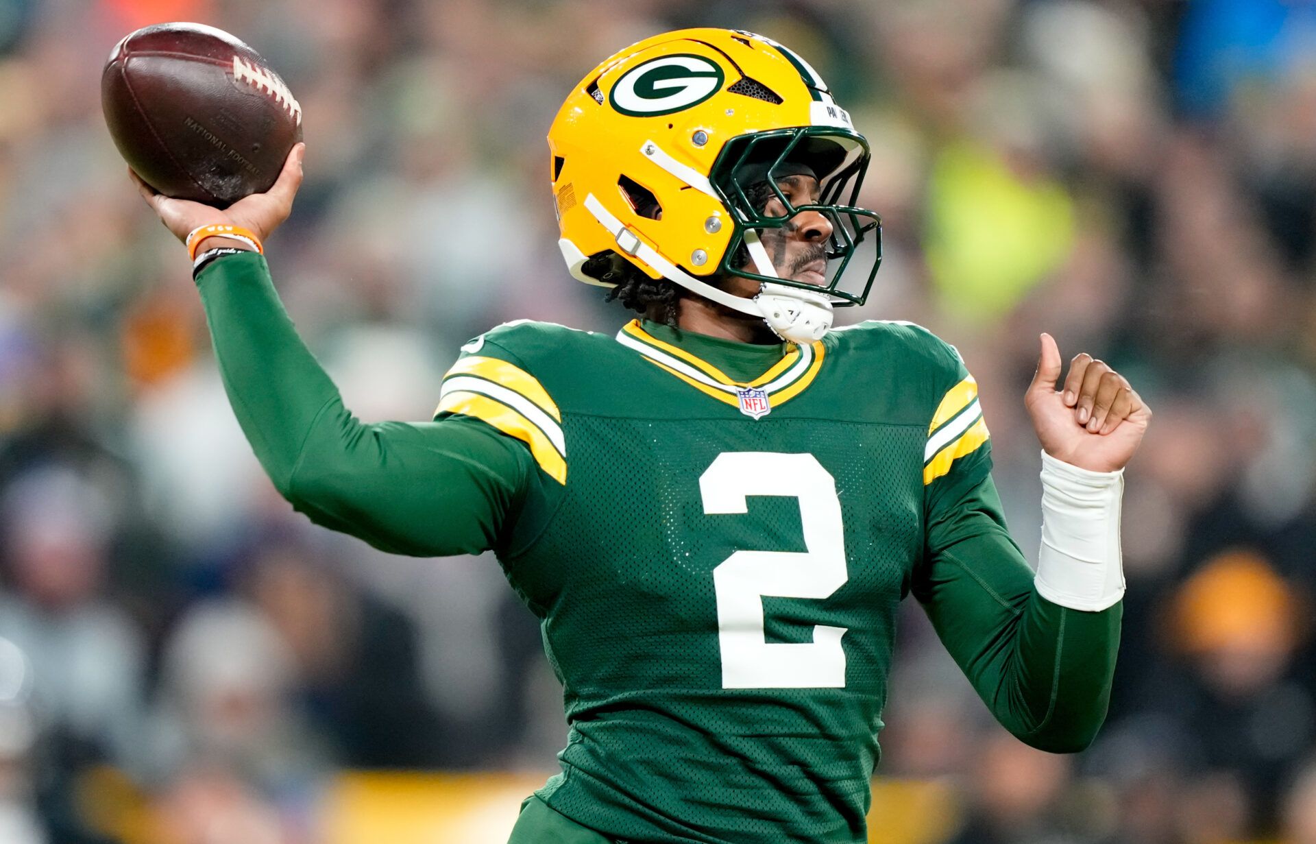 Green Bay Packers quarterback Malik Willis (2) throws a pass during the second quarter against the Baltimore Ravens at Lambeau Field.