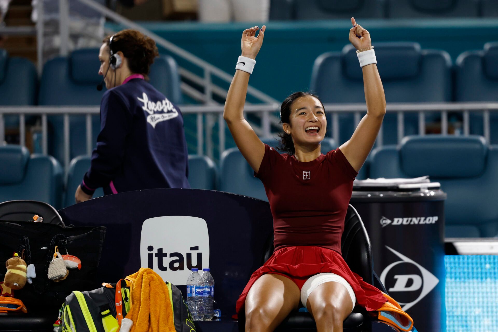 Alexandra Eala (PHL) waves to fans from her player's chair after her match against Jessica Pegula (USA)(not pictured) in a women's singles semifinal on day ten of the Miami Open at Hard Rock Stadium.