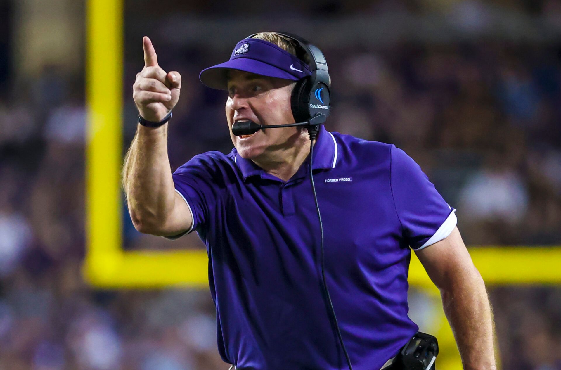 TCU Horned Frogs head coach Gary Patterson reacts during the first half against the West Virginia Mountaineers at Amon G. Carter Stadium.