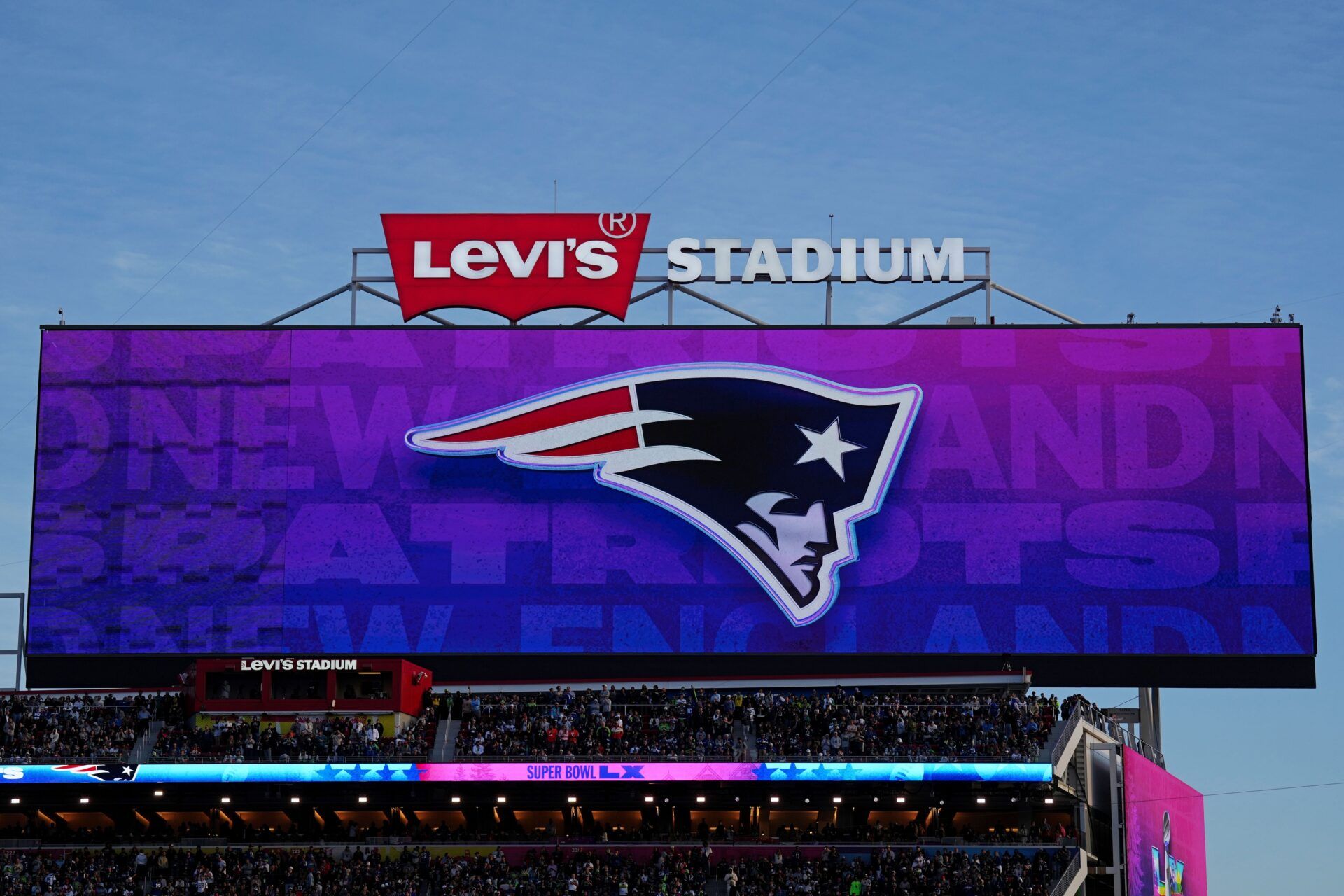 The New England Patriots logo is shown during the game in Super Bowl LX at Levi's Stadium.