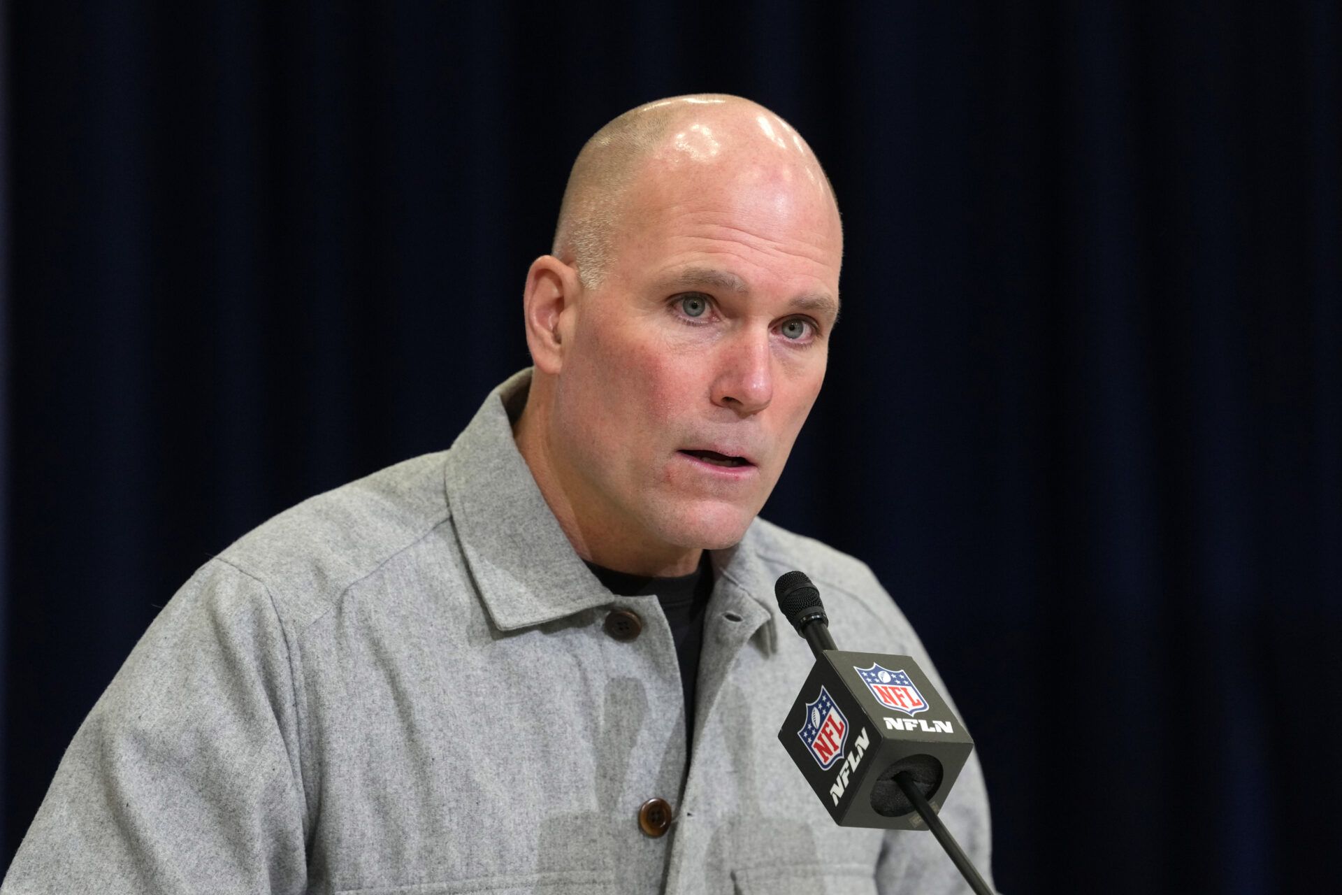 Baltimore Ravens general manager Eric DeCosta speaks at the NFL Scouting Combine at the Indiana Convention Center.
