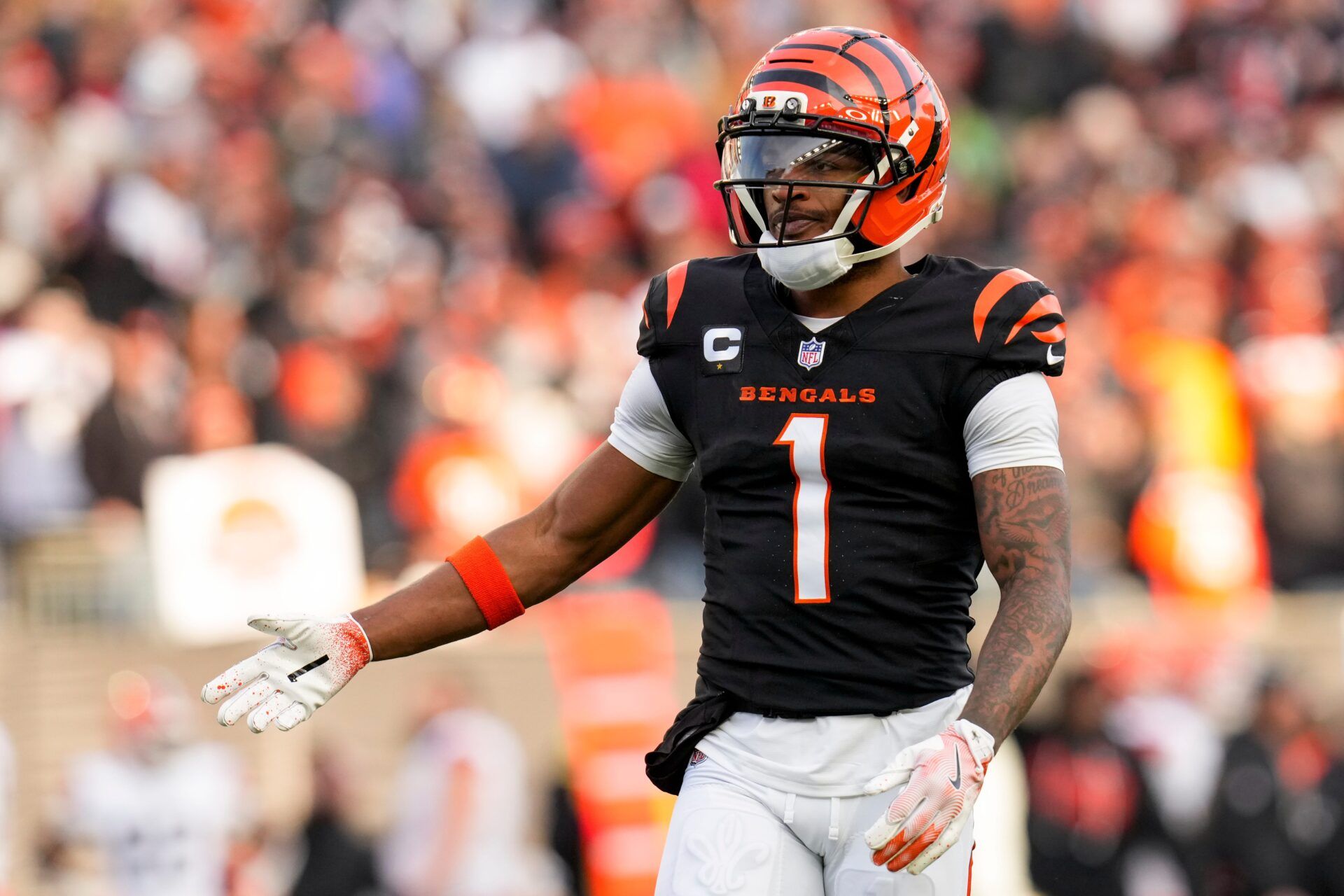 Cincinnati Bengals wide receiver Ja'marr Chase (1) reacts after the Bengals are forced to punt in the fourth quarter against the Cleveland Browns  at Paycor Stadium.