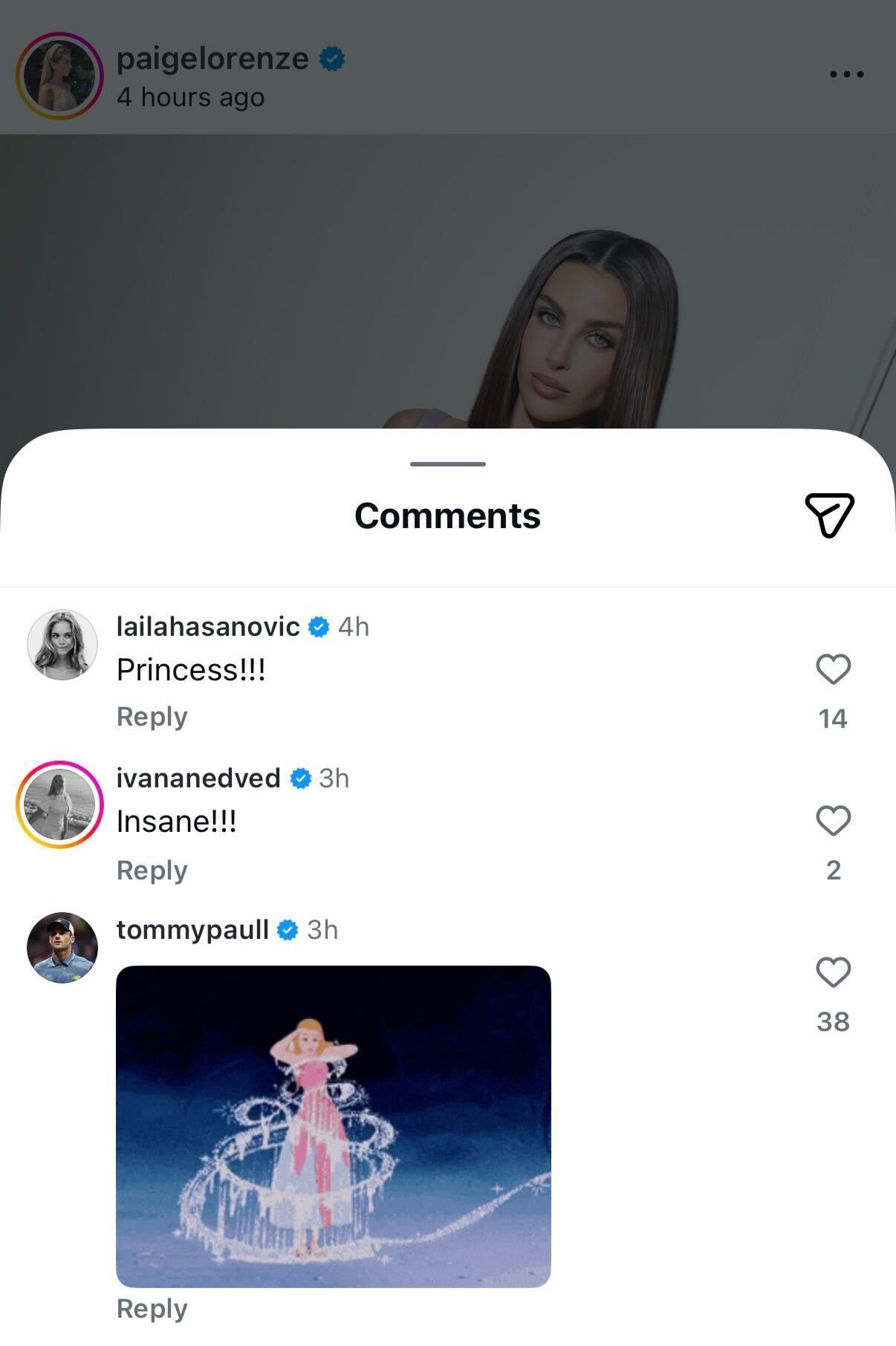 Screen grab of Jannik Sinner’s Girlfriend Laila Hasanovic's comment