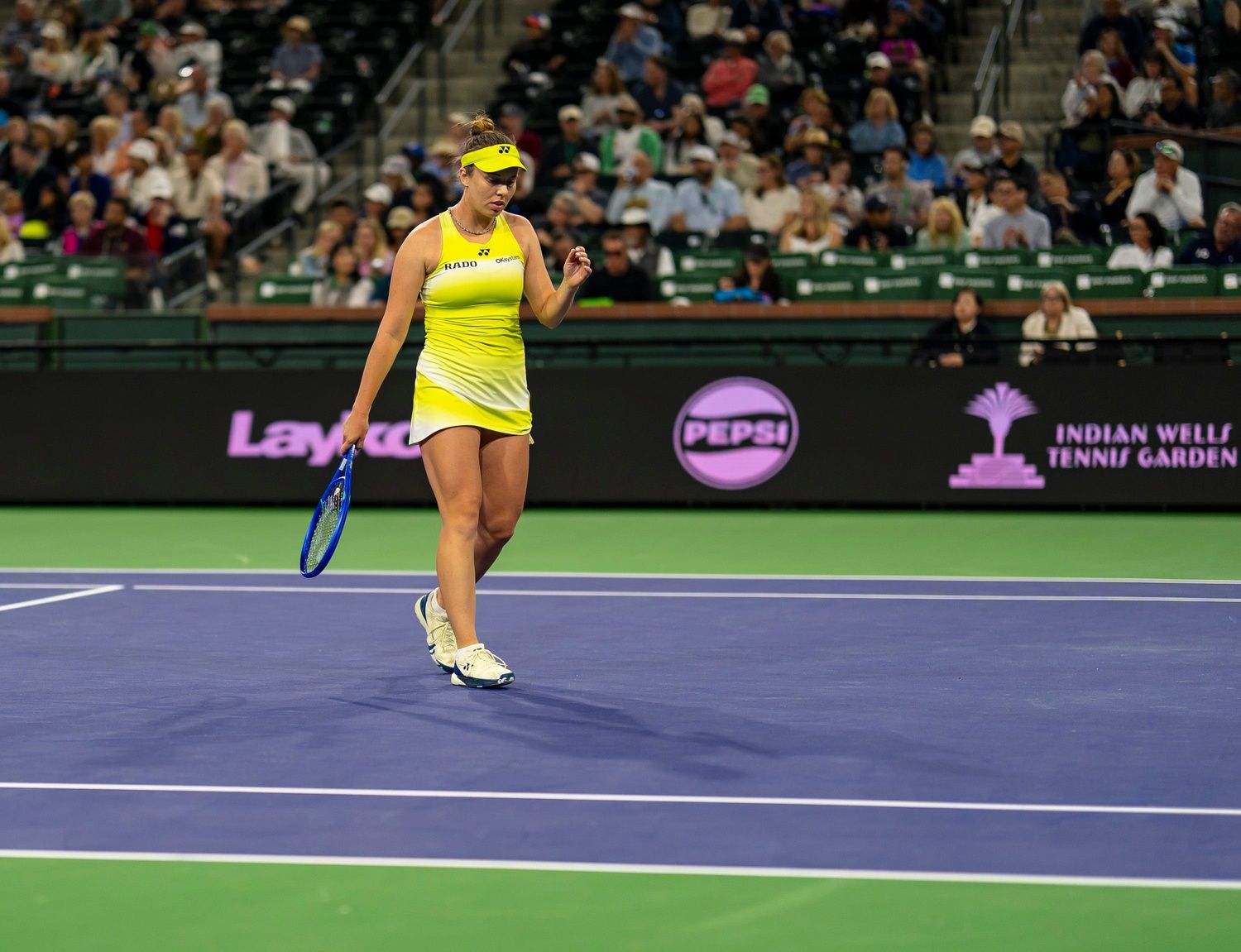 Linda Noskova celebrates a point over Alexandra Eala during their fourth-round match at the BNP Paribas Open in Indian Wells, Calif., Tuesday, March 10, 2026.