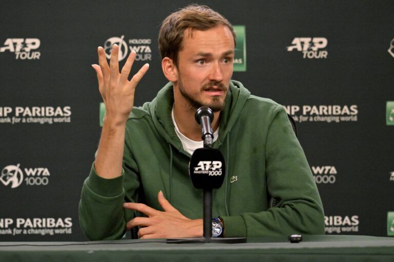 Daniil Medvedev (RUS) answers questions from the media during a press conference during the BNP Paribas Open at the Indian Wells Tennis Garden.