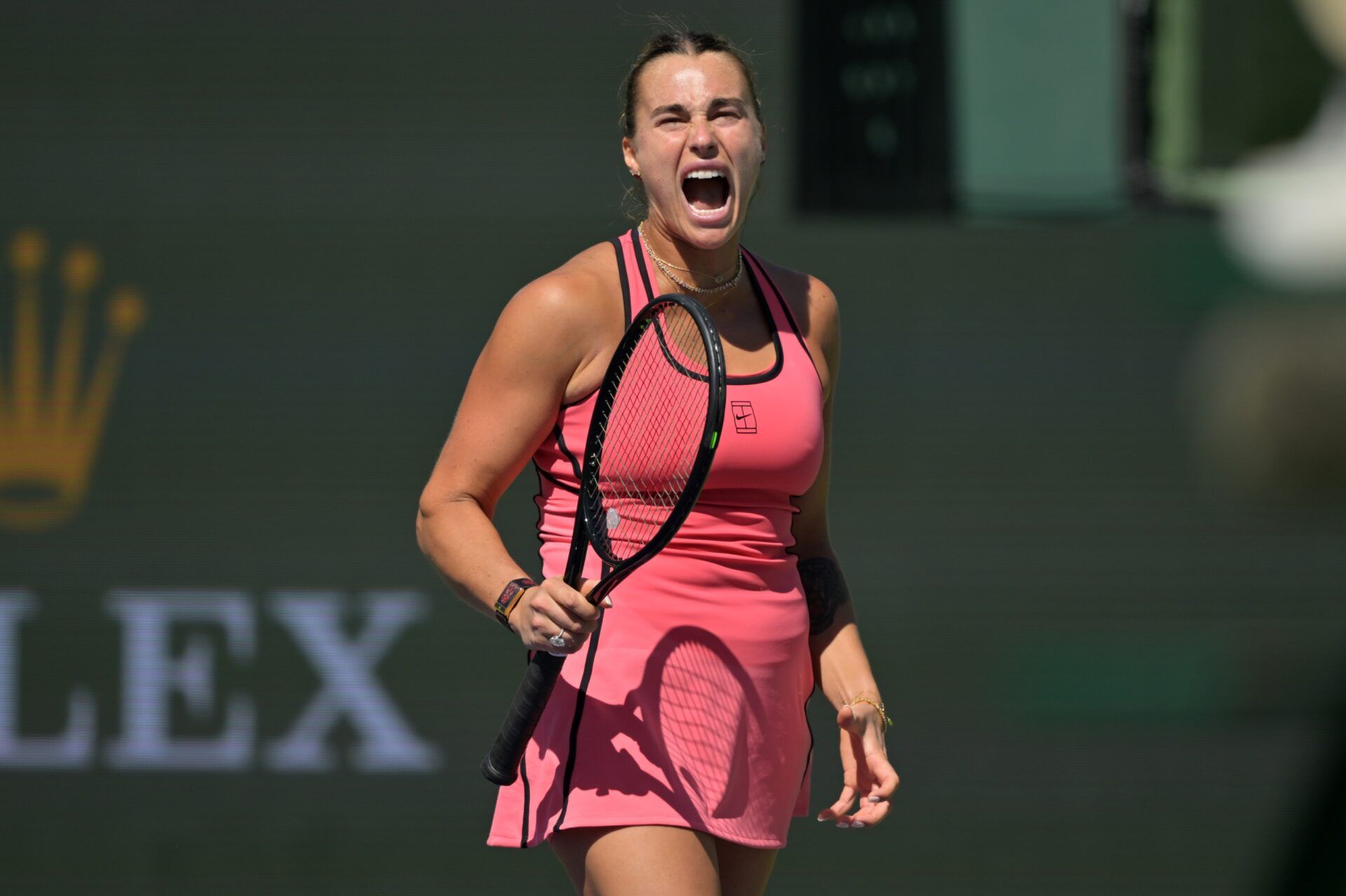 Aryna Sabalenka (BEL) reacts during her fourth round match defeating Naomi Osaka (JPN) in the BNP Paribas Open at the Indian Wells Tennis Garden.
