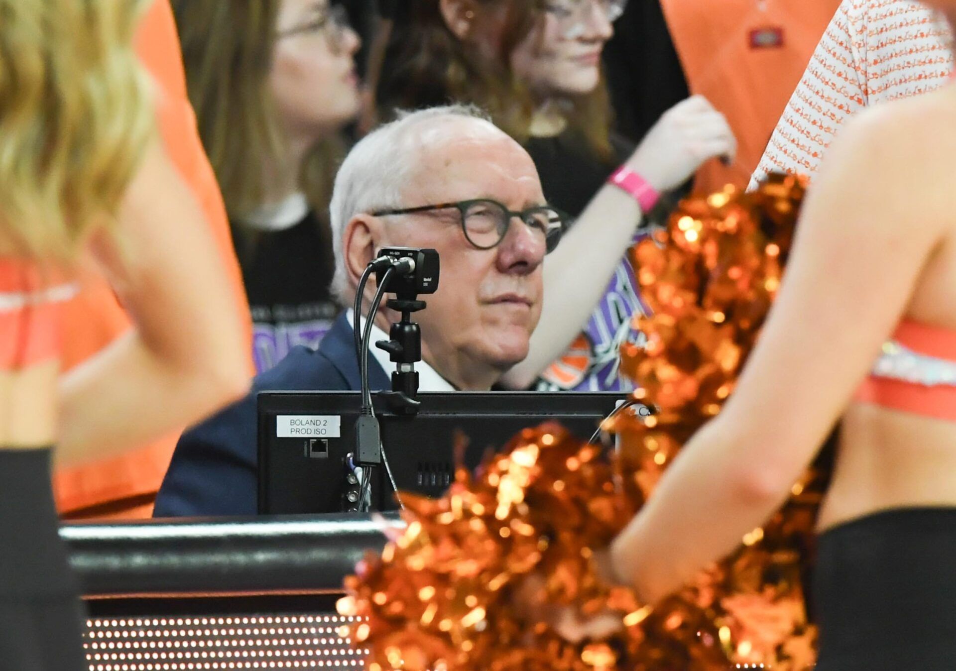 Guest television announcer Jim Boeheim, former Syracuse University coach, during the first half at Littlejohn Coliseum in Clemson, S.C. Tuesday, February 4, 2025.