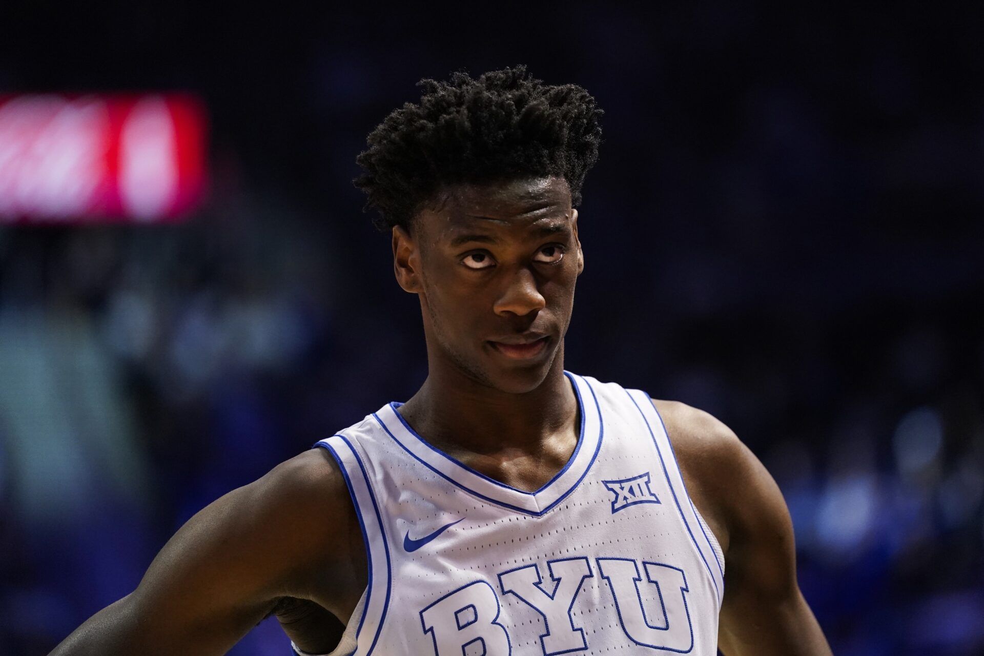 BYU Cougars forward AJ Dybantsa (3) looks on during the first half against the Texas Tech Red Raiders at Marriott Center.