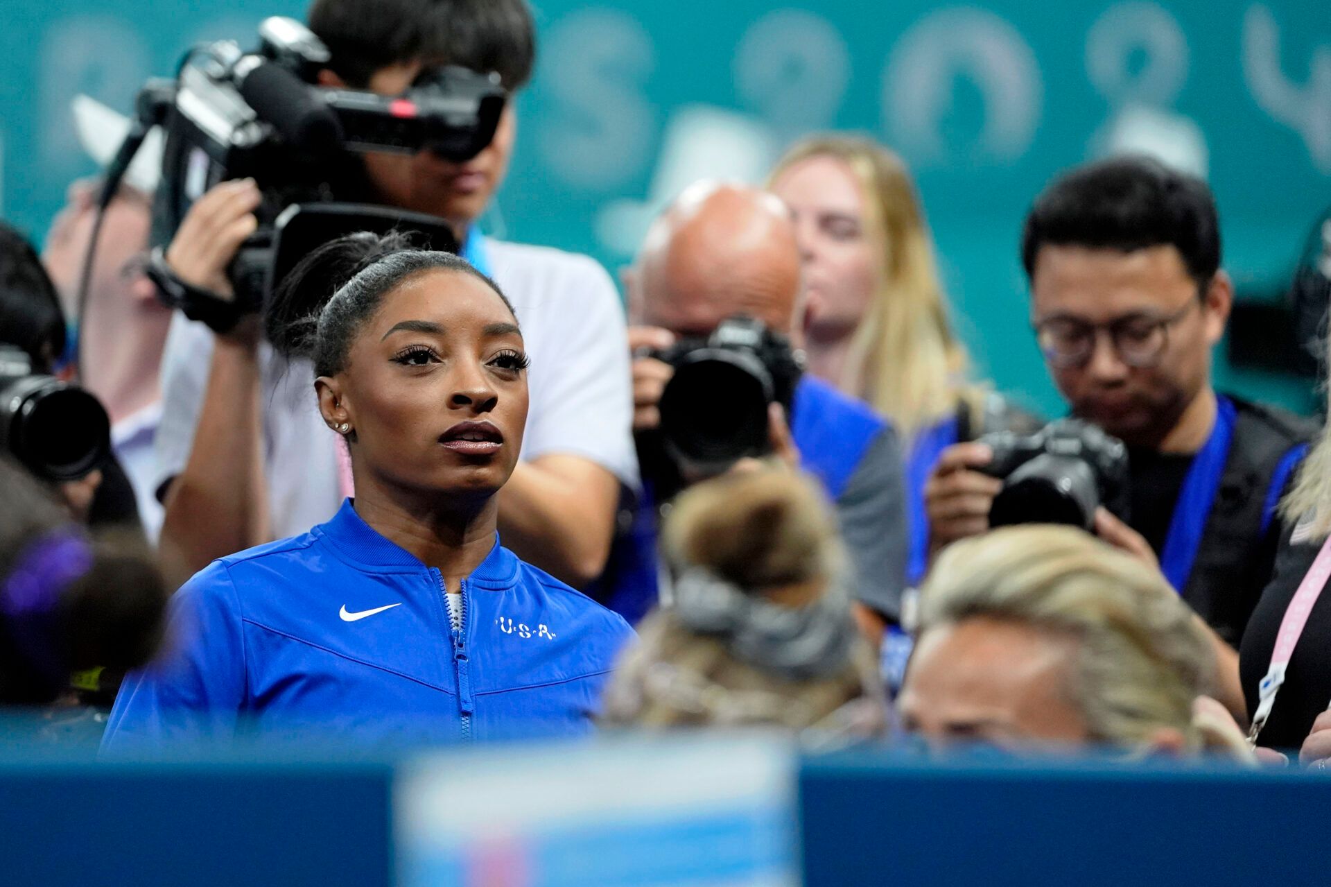Simone Biles of the United States reacts after competing on the beam on day three of the gymnastics event finals during the Paris 2024 Olympic Summer Games.