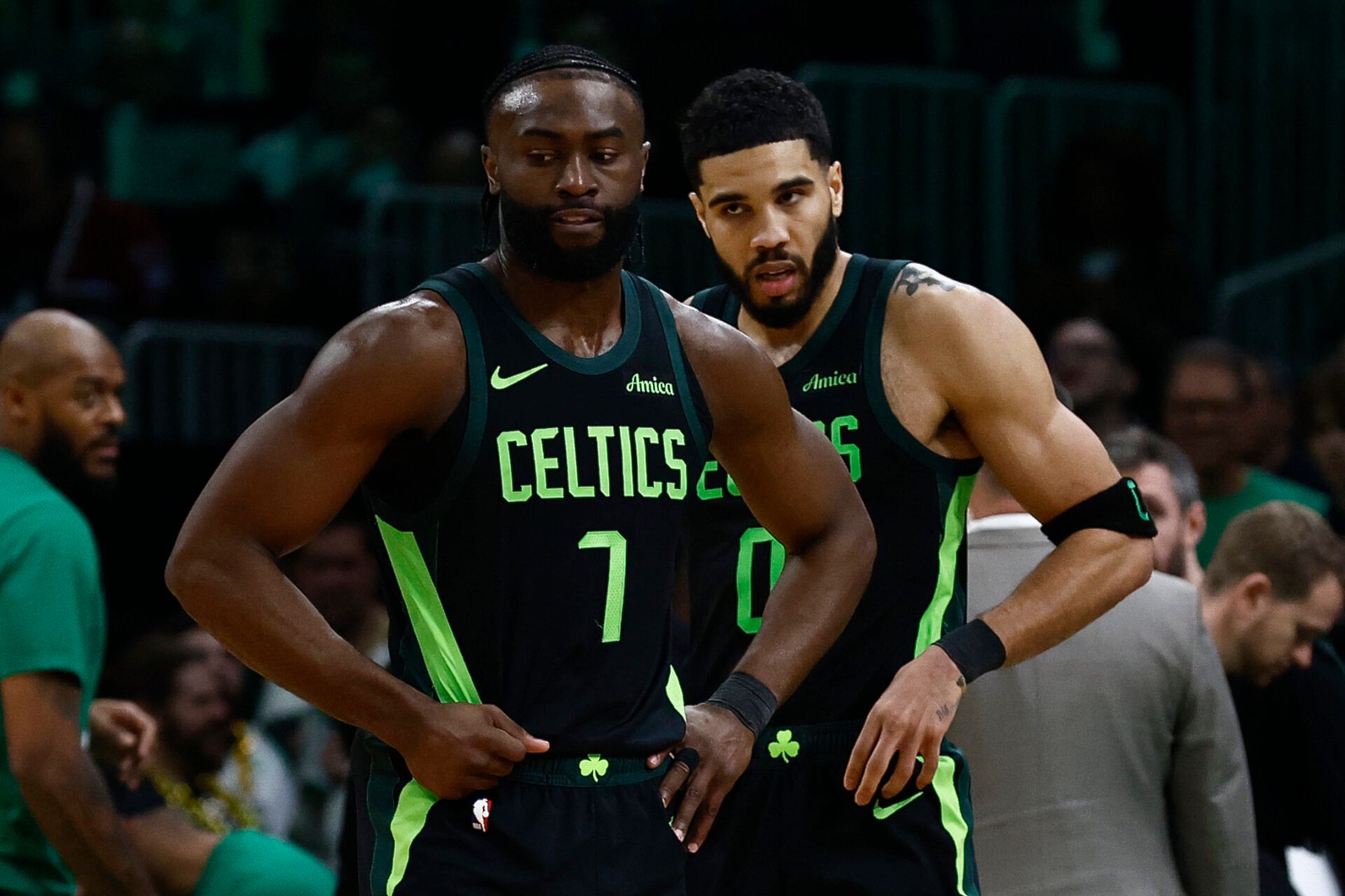 Boston Celtics guard Jaylen Brown (7) and forward Jayson Tatum (0) stand on the court during a timeout during the second half of their loss to the Cleveland Cavaliers at TD Garden.