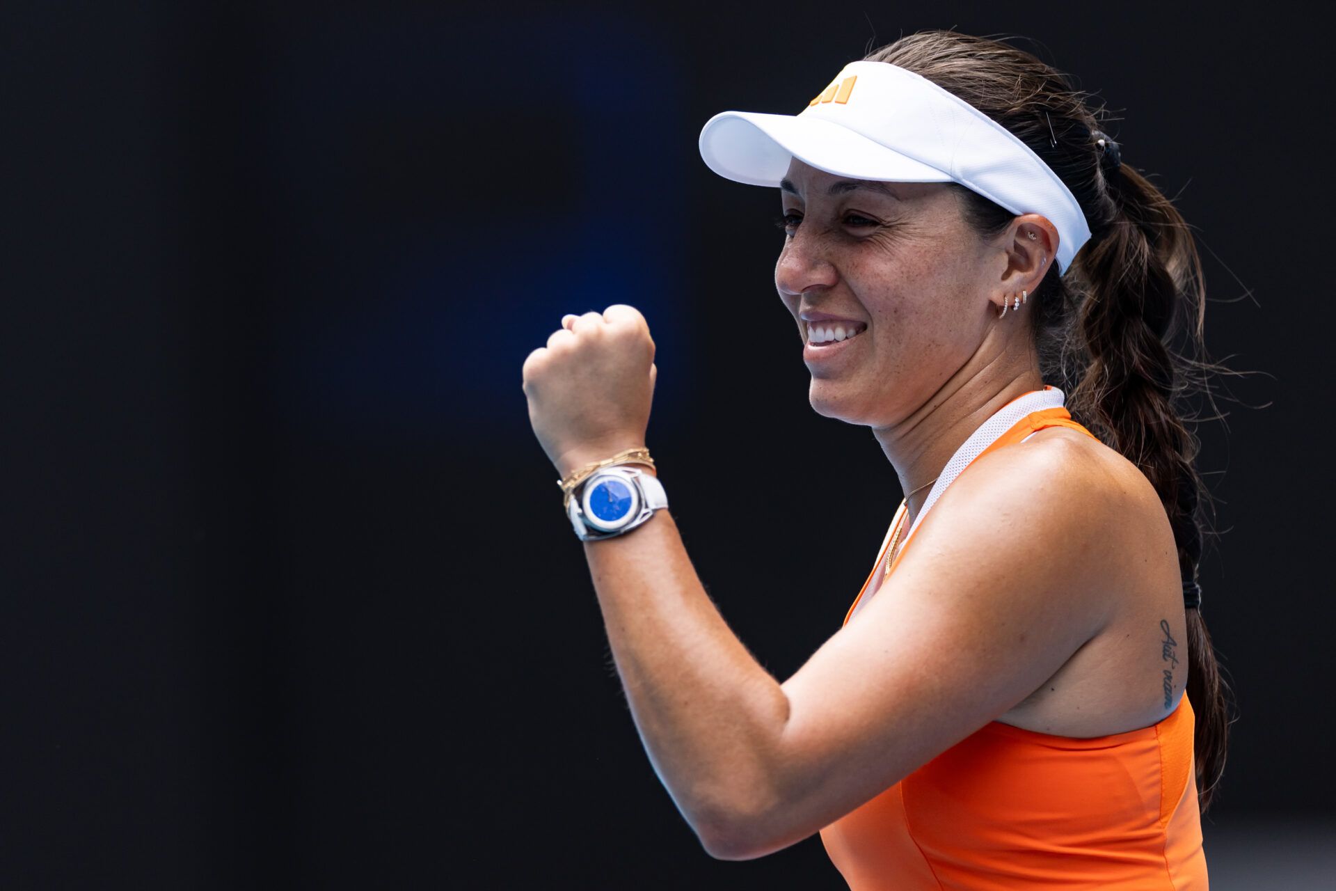 Jessica Pegula of United States celebrates her victory over Amanda Anisimova of United States in the quarterfinals of the women’s singles at the Australian Open at Rod Laver Arena in Melbourne Park.