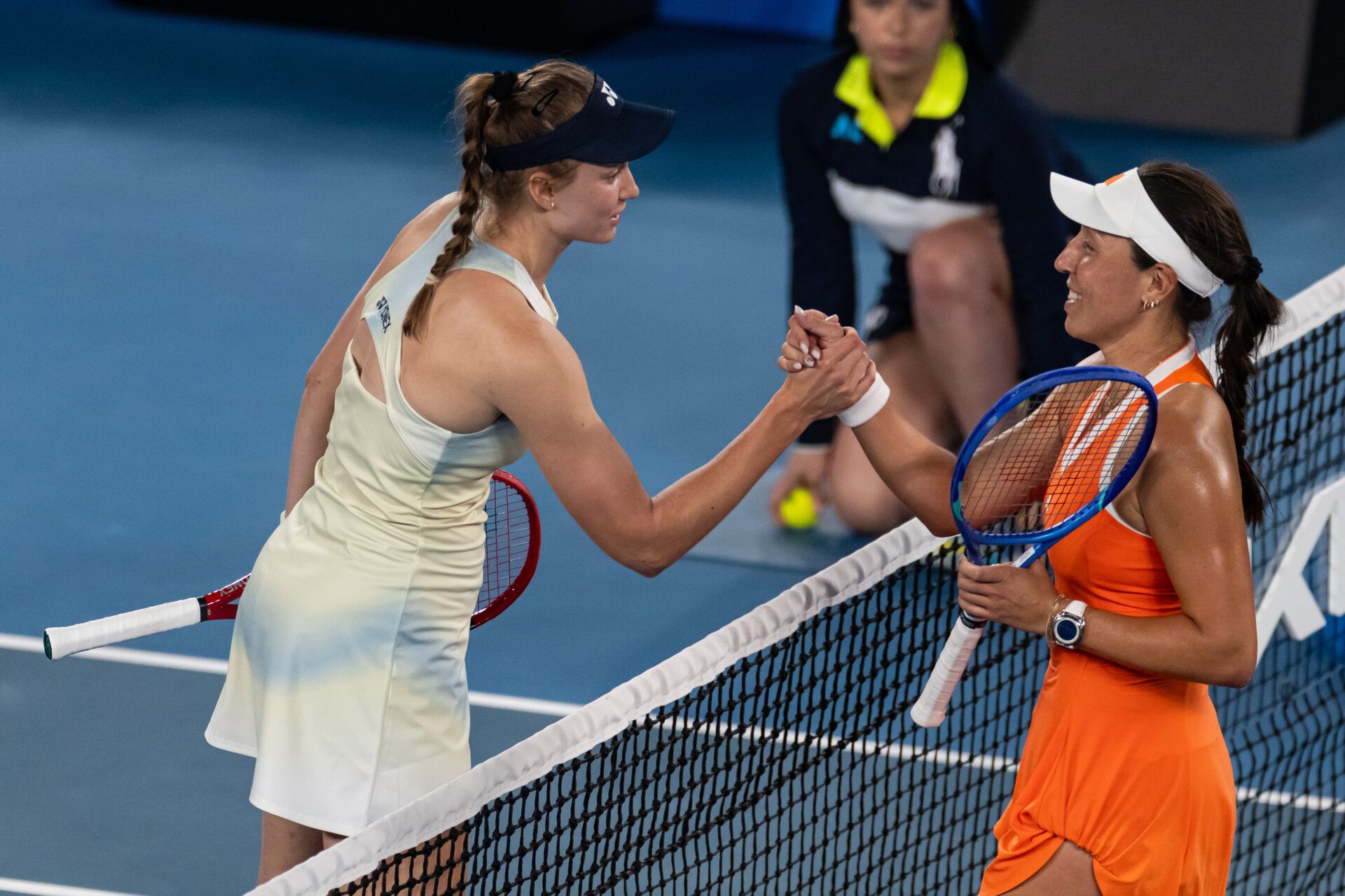 Elena Rybakina of Kazakhstan celebrates her victory over Jessica Pegula of United States in the semifinals of the womens singles at the Australian Open at Rod Laver Arena in Melbourne Park.