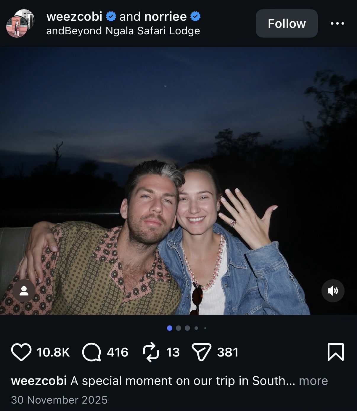 Cameron Norrie and Louise Jacobi's engagement post