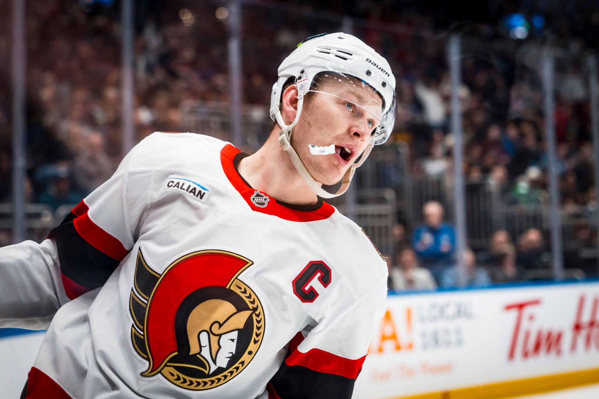 Ottawa Senators forward Brady Tkachuk (7) celebrates his goal against the Vancouver Canucks in the third period at Rogers Arena.