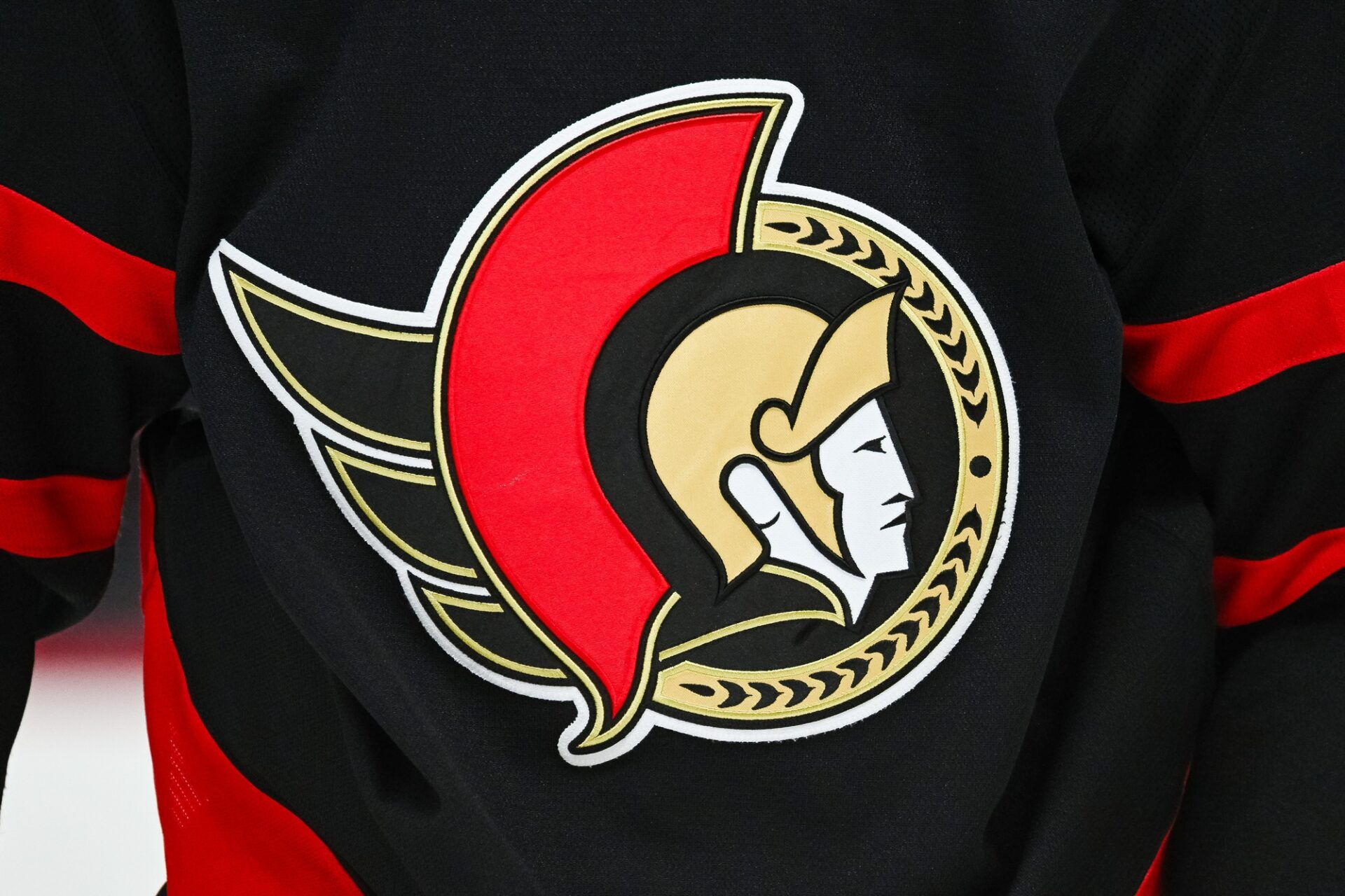 View of a Ottawa Senators logo on a jersey worn by a member of the team against the New Jersey Devils during the second period at Canadian Tire Centre.