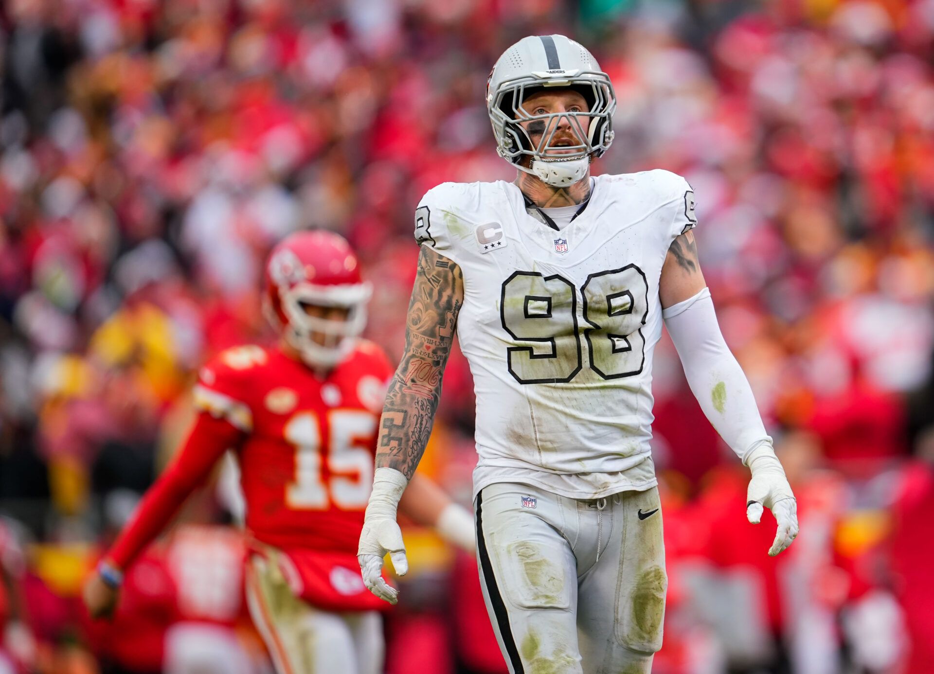 Las Vegas Raiders defensive end Maxx Crosby (98) reacts during the second half against the Kansas City Chiefs at GEHA Field at Arrowhead Stadium.