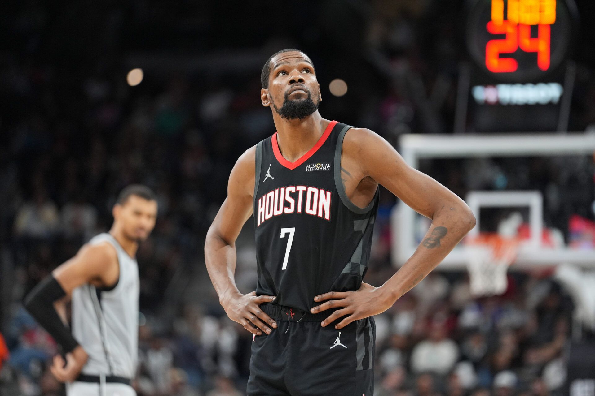 Houston Rockets forward Kevin Durant (7) looks up in the second half against the San Antonio Spurs at Frost Bank Center.