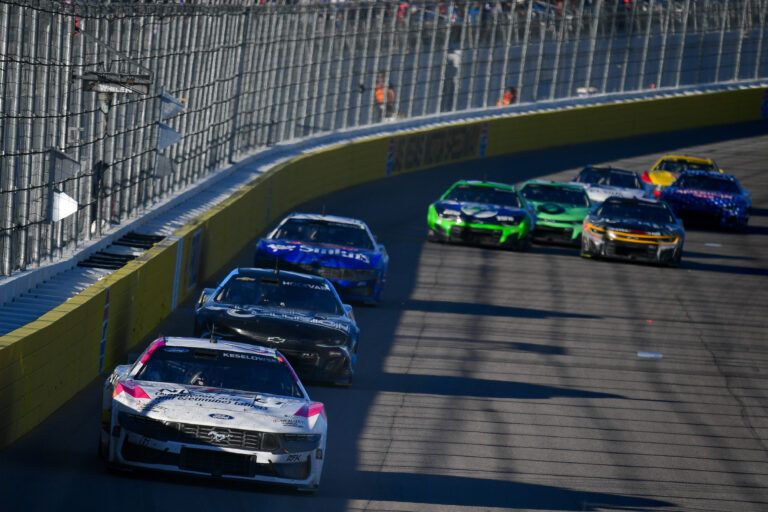 NASCAR Cup Series driver Brad Keselowski (6) leads a group during the South Point 400 at Las Vegas Motor Speedway.