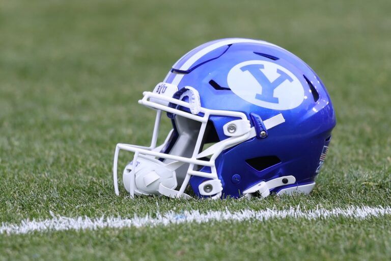 A view of the helmet worn by the BYU Cougars during the game against the UCF Knights at LaVell Edwards Stadium.
