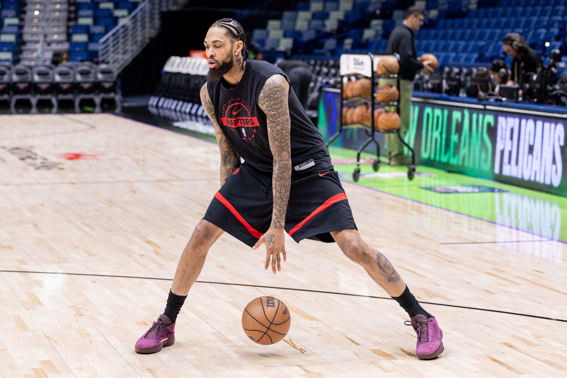 Toronto Raptors forward Brandon Ingram (3) warms up before the game against the New Orleans Pelicans at Smoothie King Center.