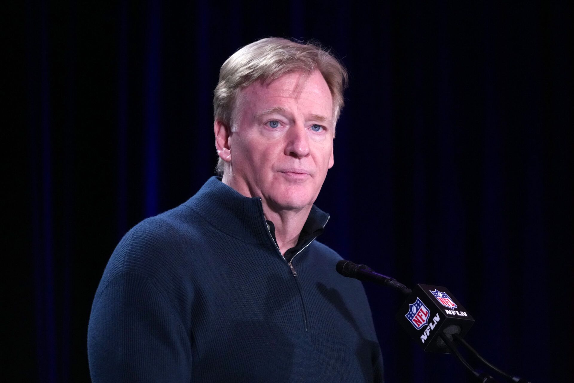 NFL commissioner Roger Goodell speaks at the Super Bowl LX host committee handoff press conference at Moscone Center.