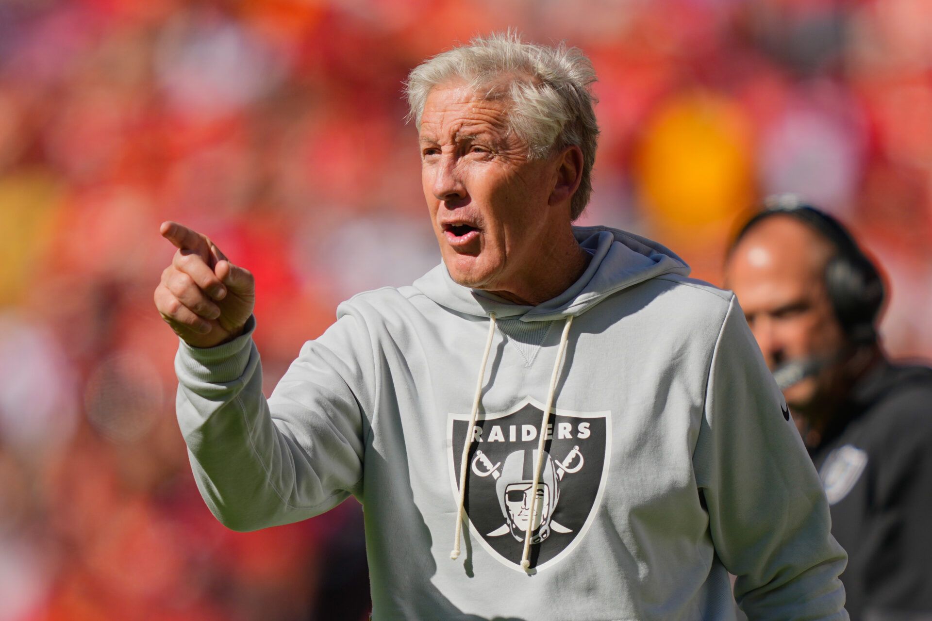 Las Vegas Raiders head coach Pete Carroll reacts after a play against the Kansas City Chiefs during the third quarter of the game at GEHA Field at Arrowhead Stadium.
