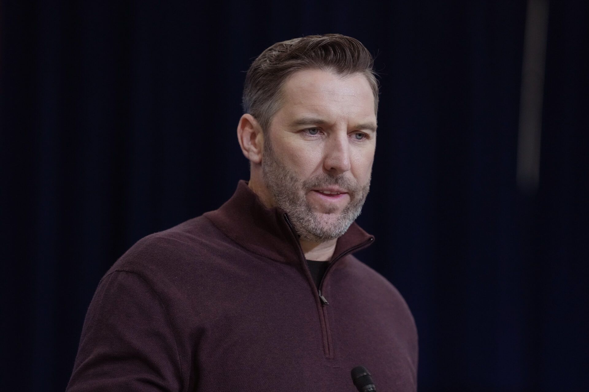Washington Commanders general manager Adam Peters speaks at the NFL Scouting Combine at the Indiana Convention Center.