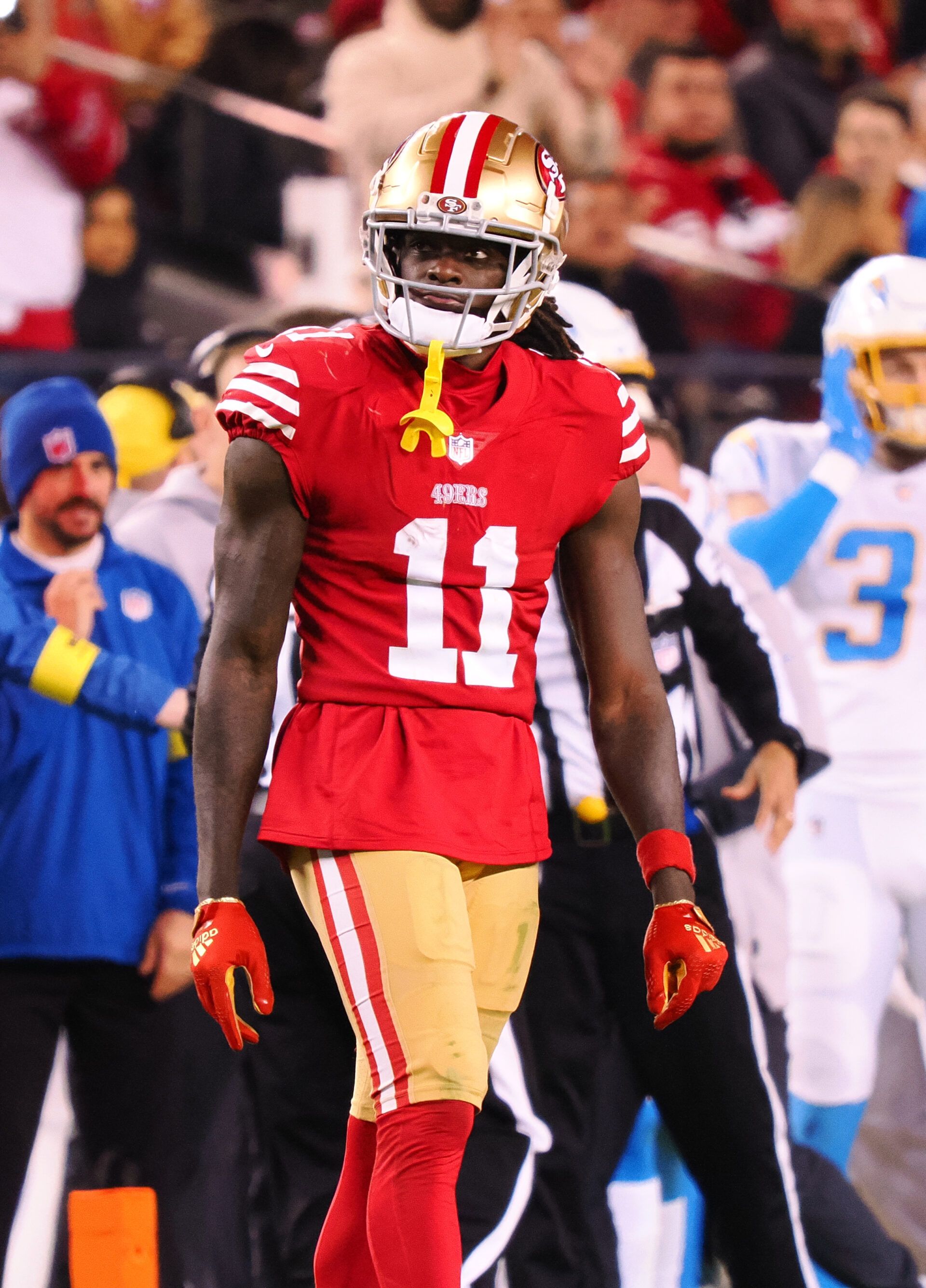San Francisco 49ers wide receiver Brandon Aiyuk (11) reacts after a play against the Los Angeles Chargers during the fourth quarter at Levi's Stadium.