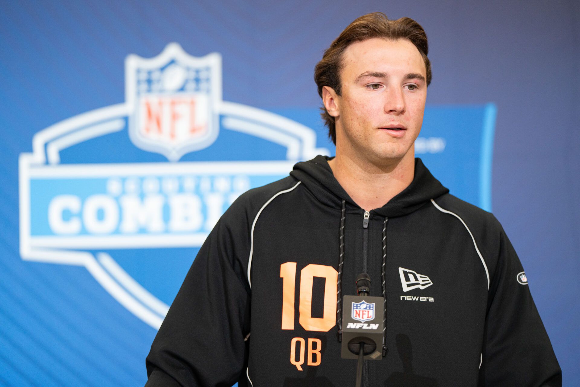 Clemson quarterback Cade Klubnik (QB10) speaks to members of the media during the NFL Combine at the Indiana Convention Center.
