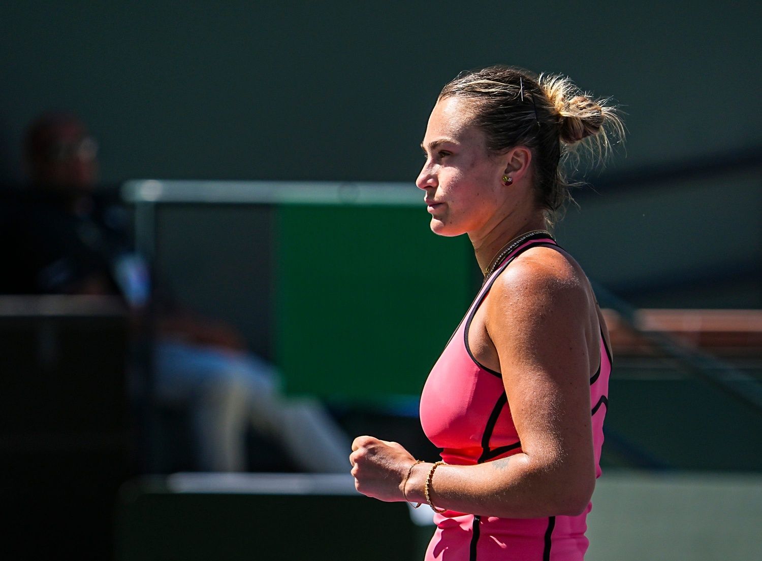 Aryna Sabalenka celebrates a point over Victoria Mboko during their quarterfinal match at the BNP Paribas Open in Indian Wells, Calif., Thursday, March 12, 2026.