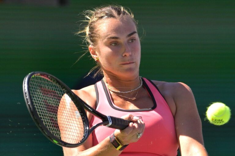 Aryna Sabalenka (BEL) hits a shot in her quarterfinal match defeating Victoria Mboko (CAN) during the BNP Paribas Open at the Indian Wells Tennis Garden.