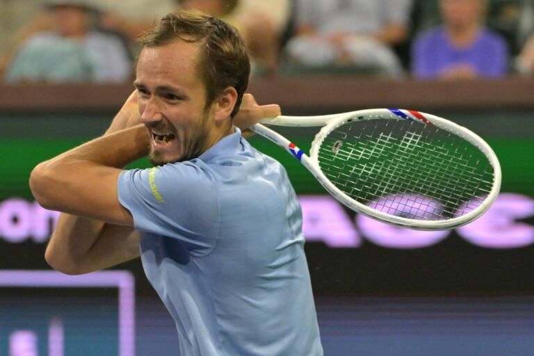 Daniil Medvedev (RUS) during his quarterfinal match as he defeated Jack Draper (GBR) in the BNP Paribas Open at the Indian Wells Tennis Garden.