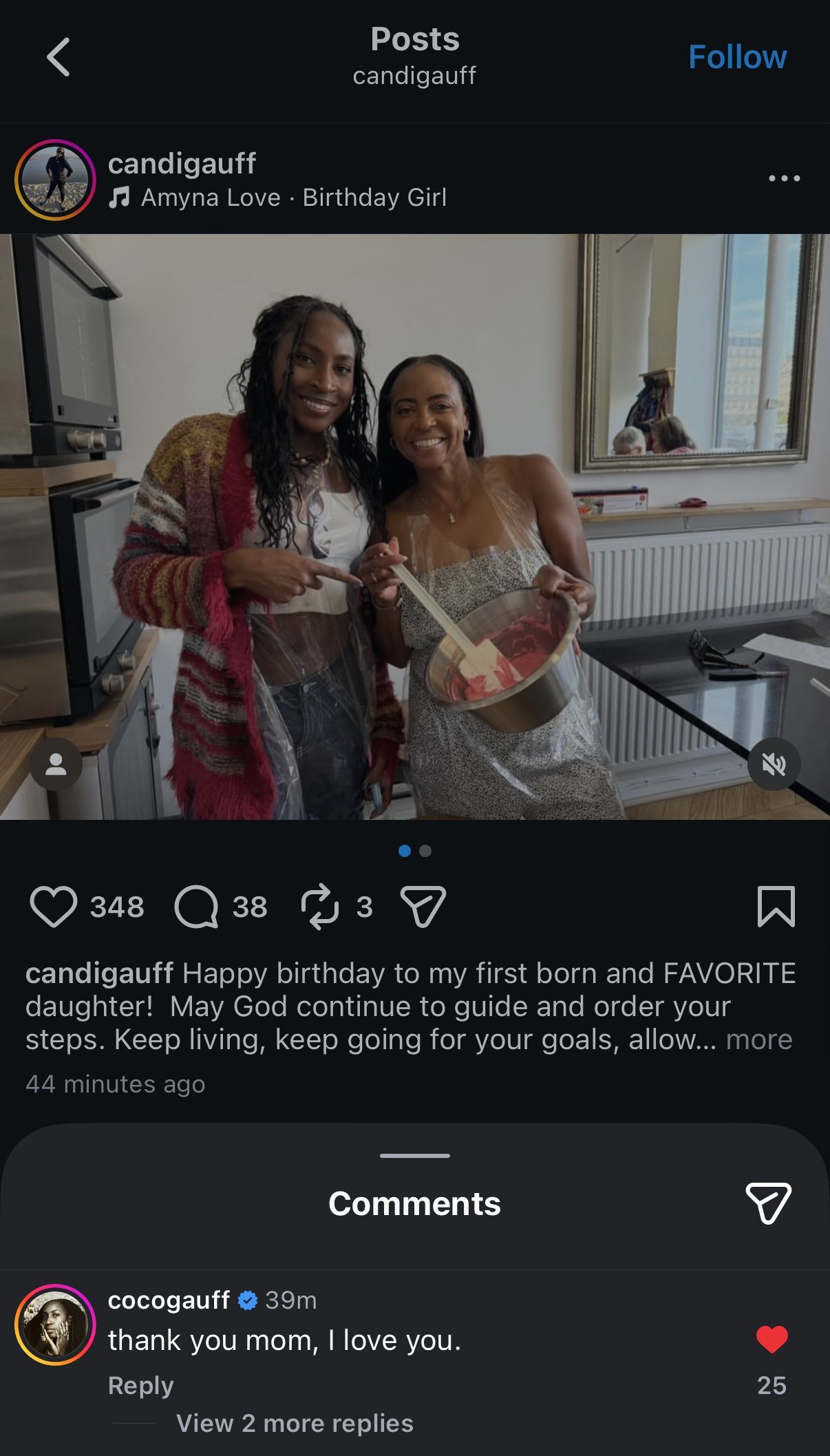 Coco Gauff's comment on her mother Candi's Instagram post