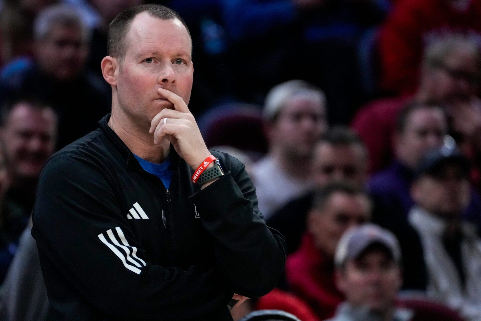 Miami RedHawks head coach Travis Steele watches his offense in the second half of Mid-American Conference Tournament first round game between the Miami RedHawks and the UMass Minutemen at Rocket Arena in Cleveland on Thursday, March 12, 2026. Top-seeded Miami was eliminated from the tournament with an 87-82 loss to the Minutemen.