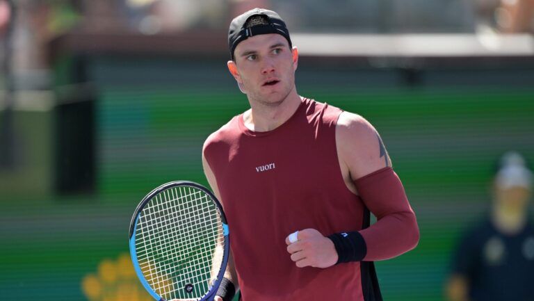 Jack Draper (GBR) hits a shot during his second round match against Roberto Bautista Agut (ESP) in the BNP Paribas Open at the Indian Wells Tennis Garden.