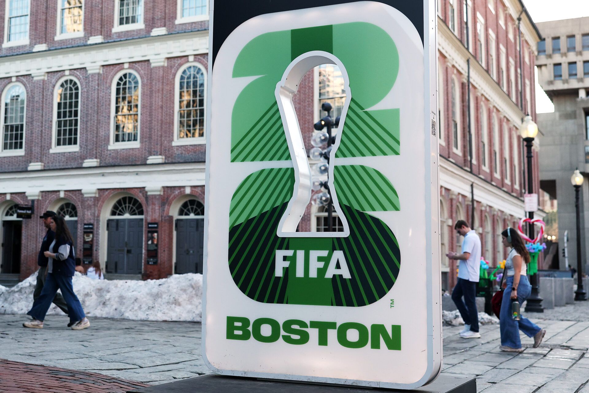BOSTON, MASSACHUSETTS - MARCH 10: A sign advertising the FIFA World Cup 2026 is seen outside of Faneuil Hall Marketplace on March 10, 2026 in Boston, Massachusetts. (Photo by Maddie Meyer/Getty Images)