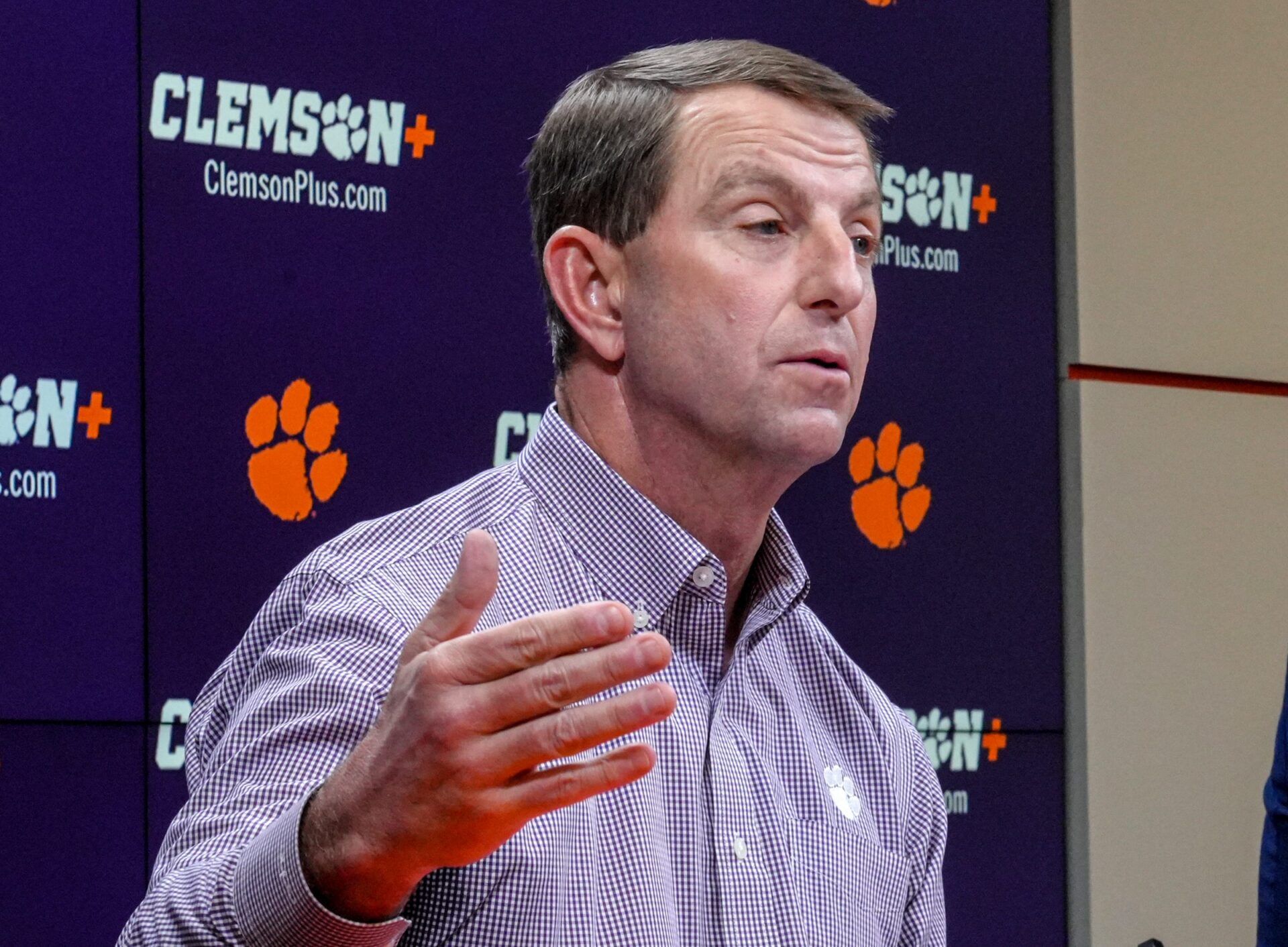 Clemson football Head Coach Dabo Swinney details events of transfer portal Luke Ferrelli and “tampering” with signed players, next to Atheletic Director Graham Neff during a press conference in the Smart Family Media Center in Clemson, SC, Friday, Jan 23 2026.