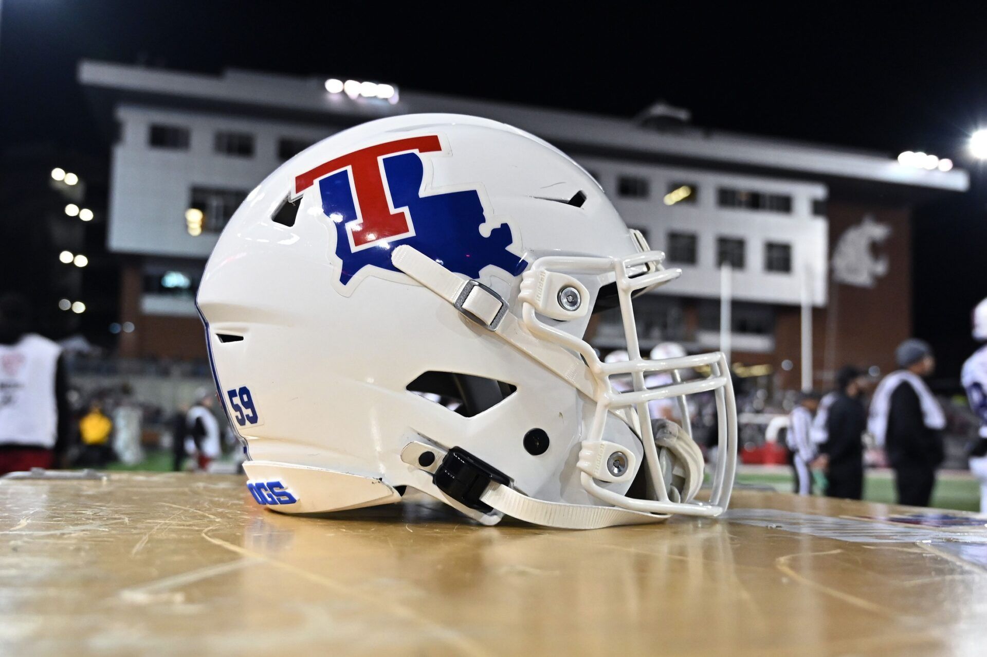 Louisiana Tech Bulldogs helmet sits during a game against the Washington State Cougars in the first half at Gesa Field at Martin Stadium.