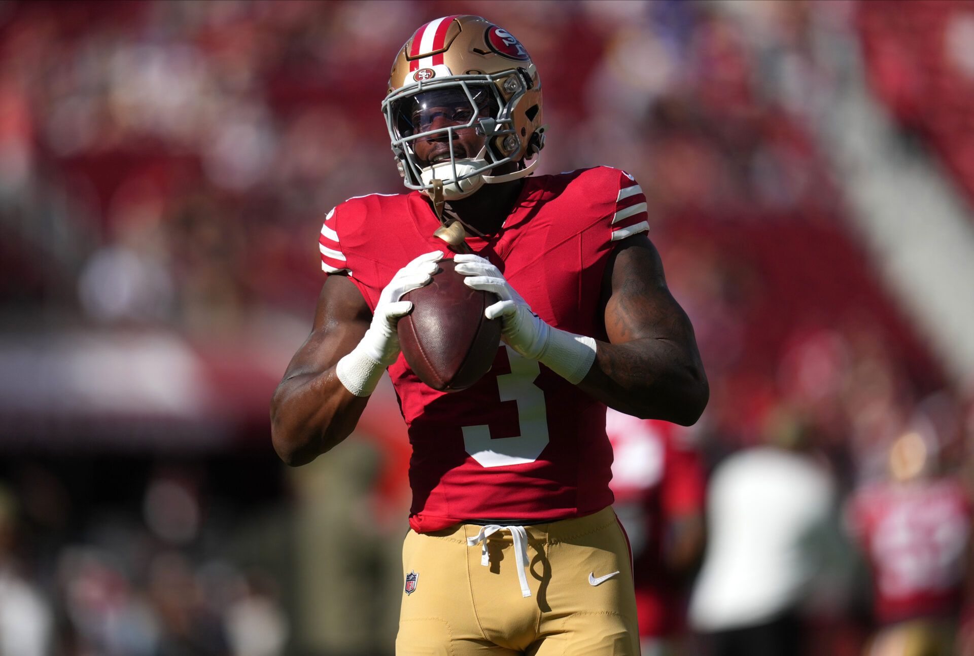San Francisco 49ers running back Brian Robinson Jr. (3) warms up prior to the game against the Los Angeles Rams at Levi's Stadium.