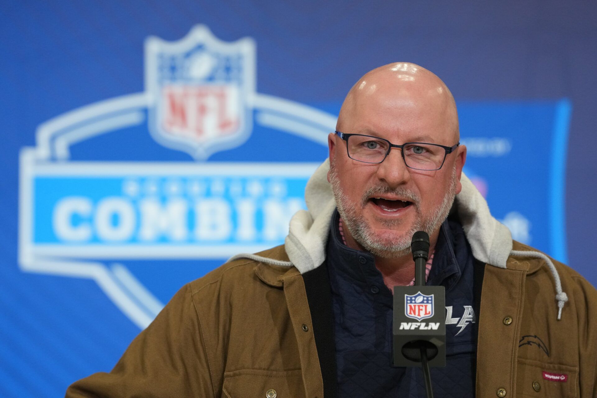 Los Angeles Chargers general manager Joe Hortiz speaks at the NFL Scouting Combine at the Indiana Convention Center.