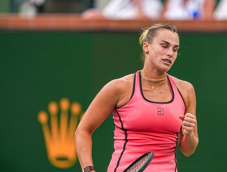 Aryna Sabalenka celebrates a point over Linda Noskova during their semifinal match at the BNP Paribas Open in Indian Wells, Calif., Friday, March 13, 2026.