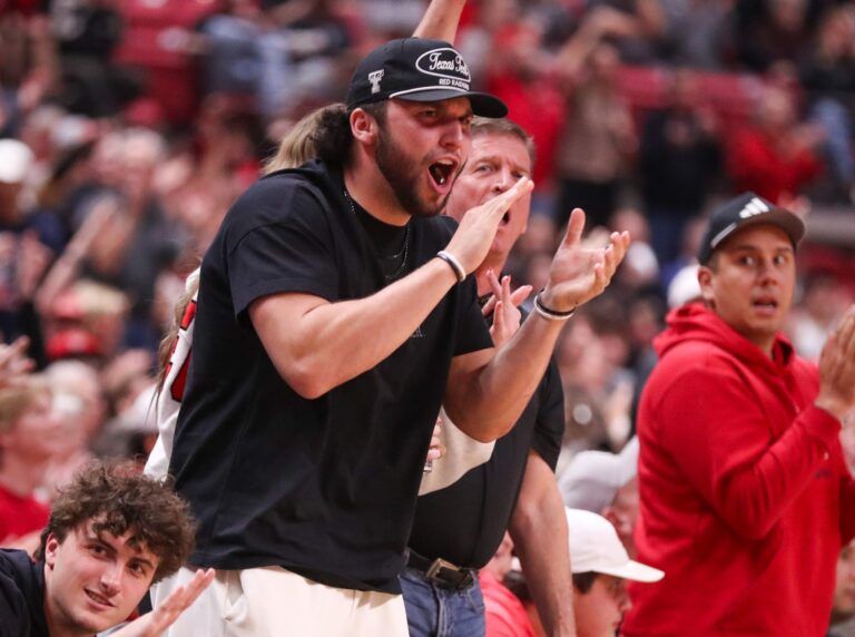 Texas Tech football player Brendan Sorsby reacts to a play during a Big 12 Conference men's basketball game, Tuesday, Feb. 24, 2026, in United Supermarkets Arena.