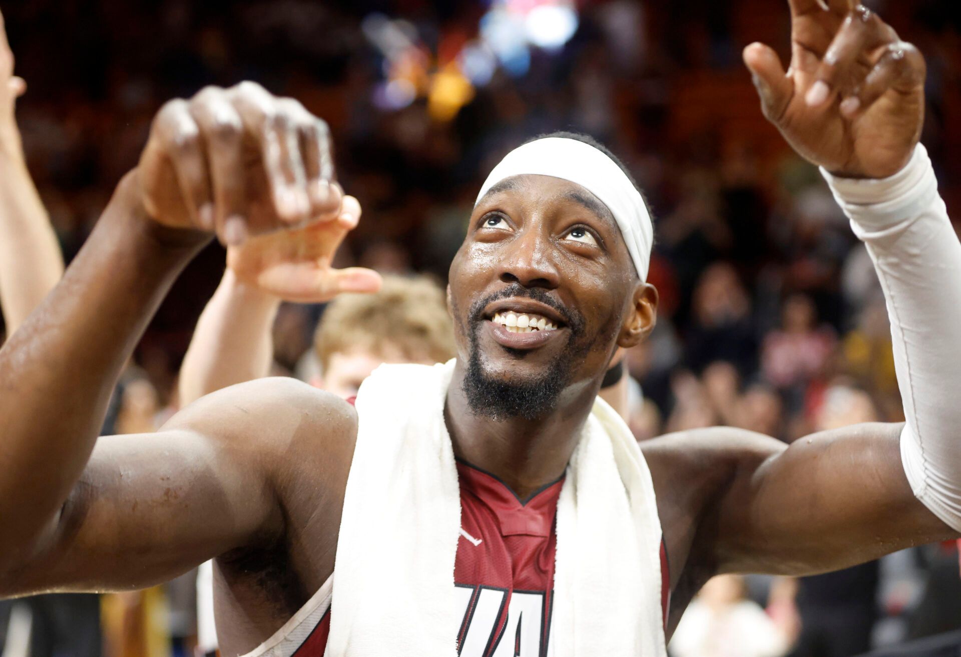 Miami Heat center Bam Adebayo (13) reacts after becoming the NBA's second highest scorer of points in a game against the Wshington Wizards at Kaseya Center. Adebayo scored 83 points.