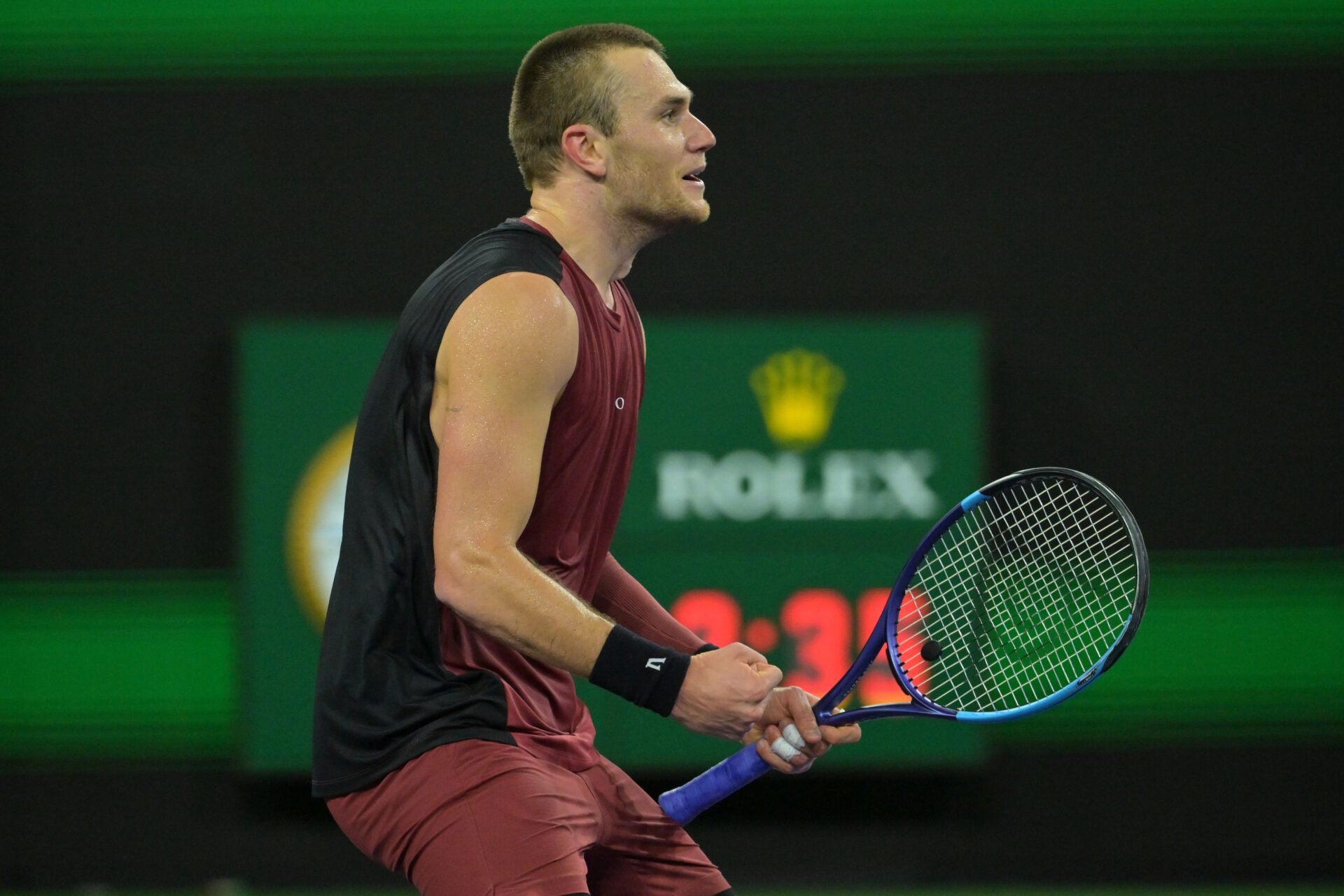 Jack Draper (GBR) reacts at match point as he defeated Novak Djokovic (SRB) in the fourth round during the BNP Paribas Open at the Indian Wells Tennis Garden.