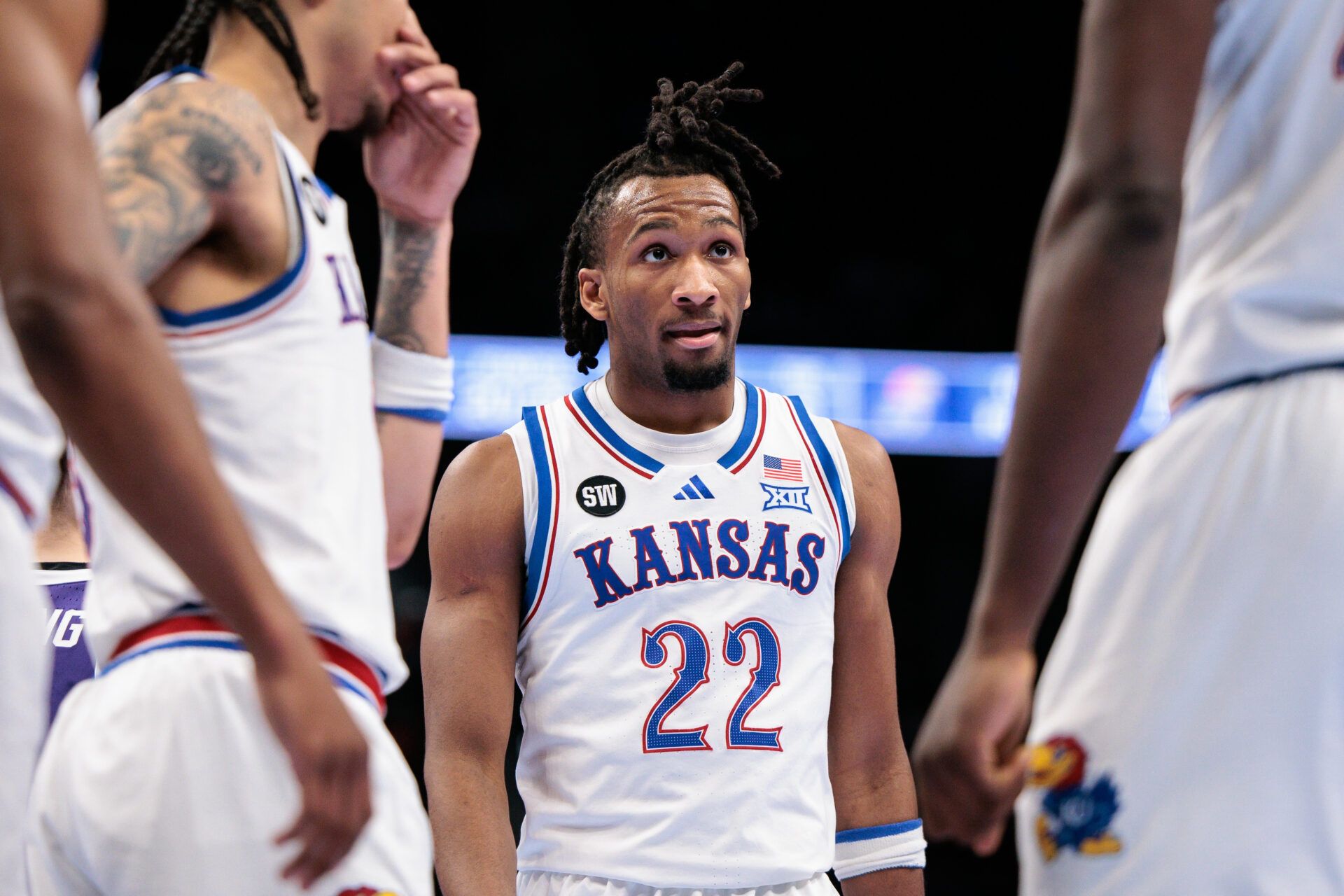 Kansas Jayhawks guard Darryn Peterson (22) during a break in play during the second half against the TCU Horned Frogs at T-Mobile Center.