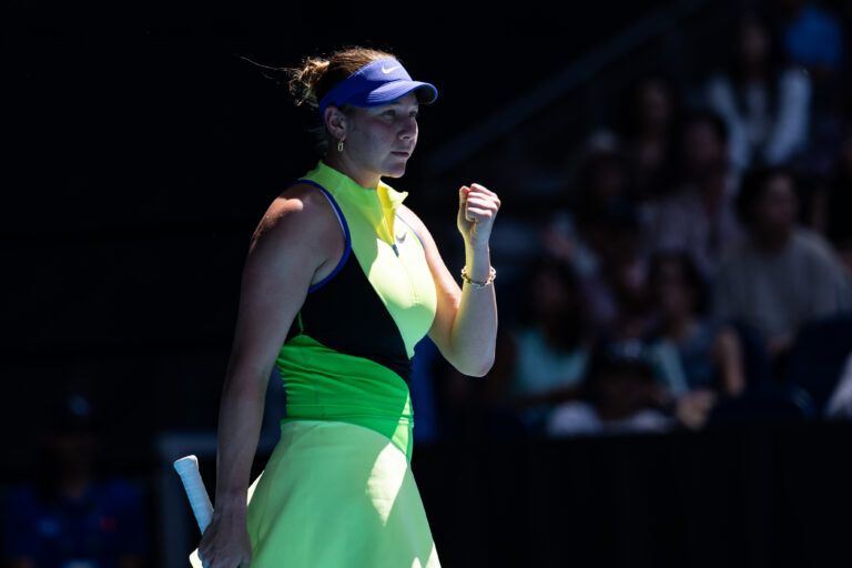 Amanda Anisimova of United States in action against Xinyu Wang of China in the fourth round of the womens singles at the Australian Open at John Cain Arena in Melbourne Park.