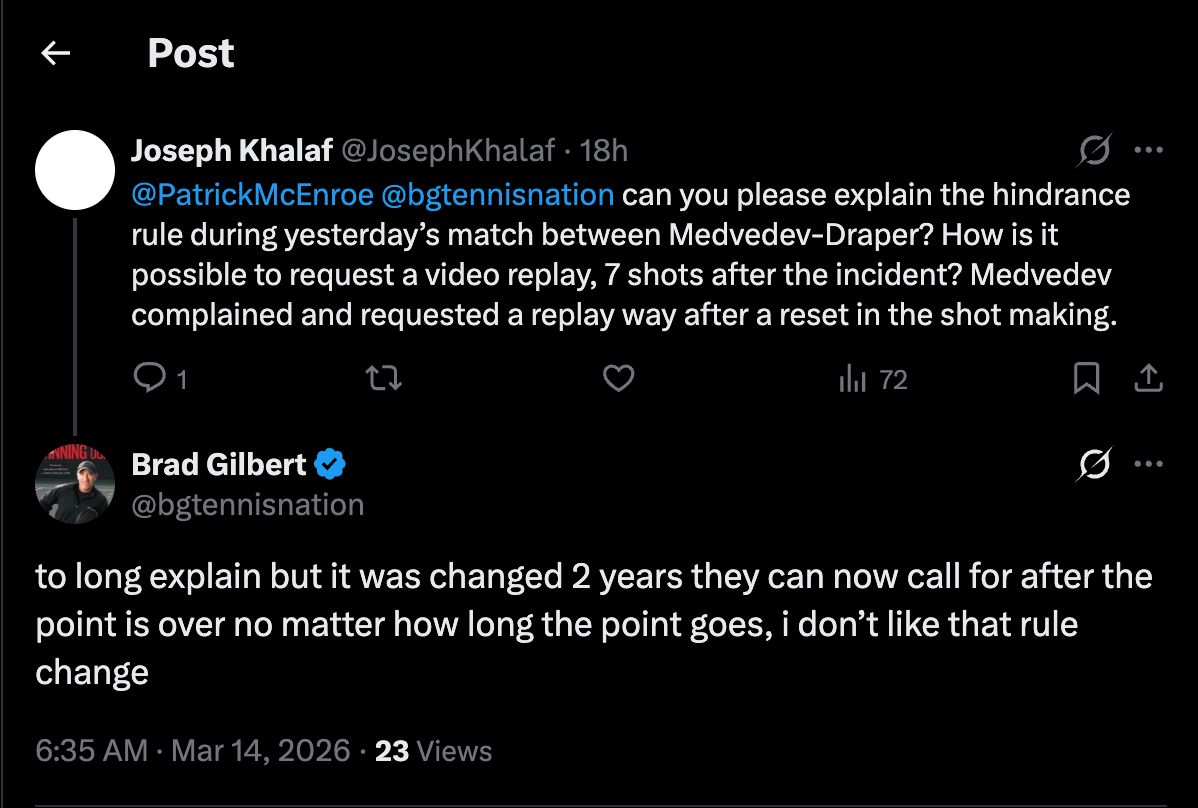 Brad Gilbert's tweet explaining Medvedev's video review call